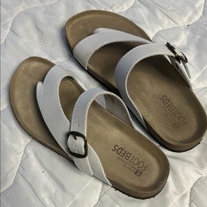 White and Tan Sandals with Contoured Footbed and Buckle